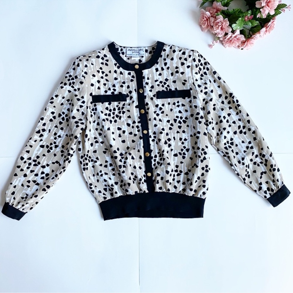 Vintage Andrea Gayle Tan Spotted Prints Button Up Bomber Blouse - Picture 4 of 14